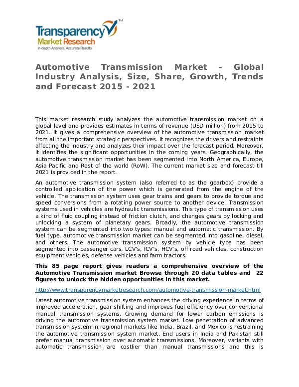 Automotive Transmission Global Analysis & Forecast to 2021 Market Res Automotive Transmission Market - Global Industry A