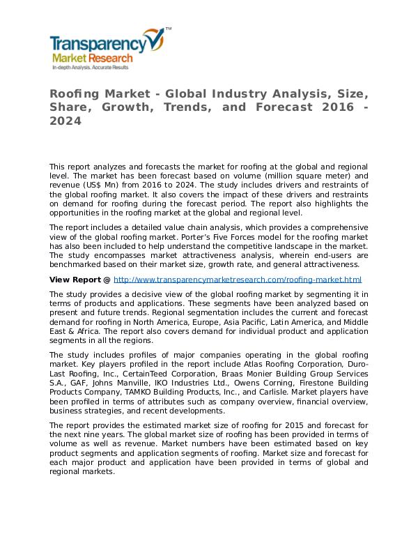 Roofing Global Analysis & Forecast to 2026 Market Research Report Roofing Market - Global Industry Analysis, Size, S