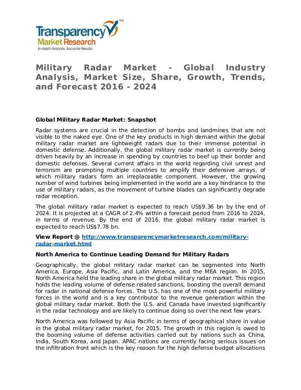 Military Radar Market Research Report and Forecast up to 2020 Military Radar Market - Global Industry Analysis,