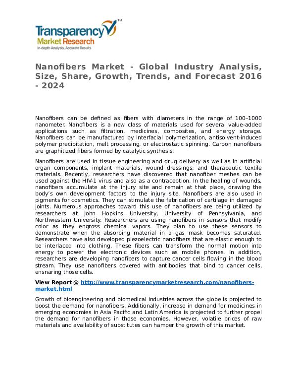 Nanofibers Market Research Report and Forecast up to 2024 Nanofibers Market - Global Industry Analysis, Size