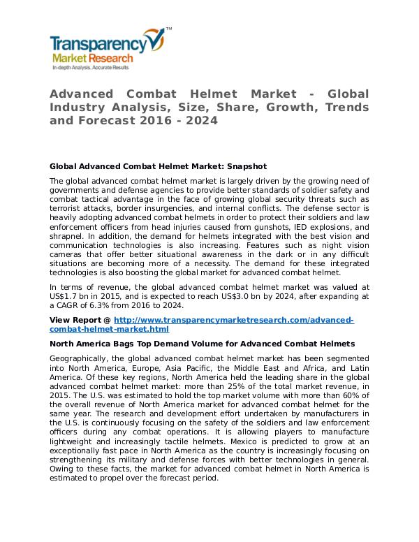 Advanced Combat Helmet Market Research Report and Forecast up to 2024 Advanced Combat Helmet Market - Global Industry An