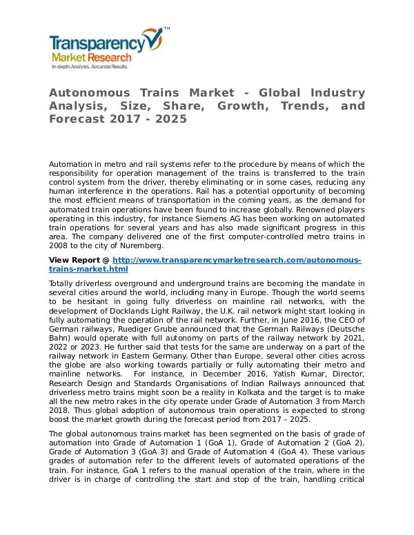 Autonomous Trains Market Research Report and Forecast up to 2025 Autonomous Trains Market - Global Industry Analysi