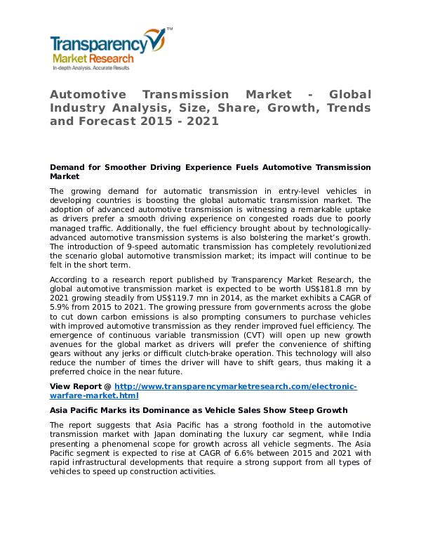 Automotive Transmission Market 2015 Share,Trend and Forecast Automotive Transmission Market