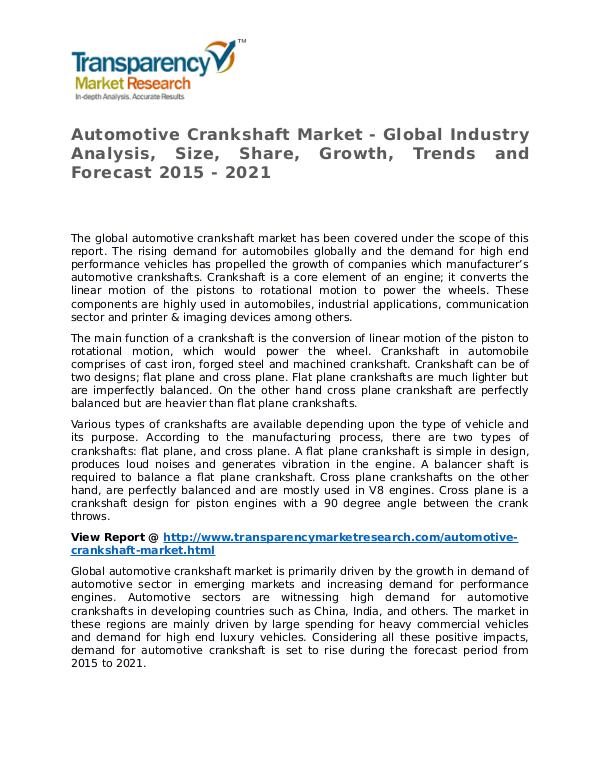 Automotive Crankshaft Market 2015 Share,Trend and Forecast Automotive Crankshaft Market