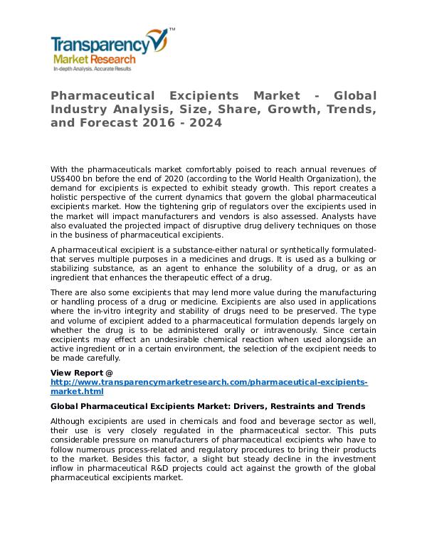 Pharmaceutical Excipients Market 2016 Share, Trend and Forecast Pharmaceutical Excipients Market