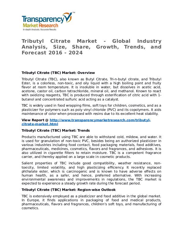 Tributyl Citrate Market 2016 Share, Trend, Segmentation and Forecast Tributyl Citrate Market