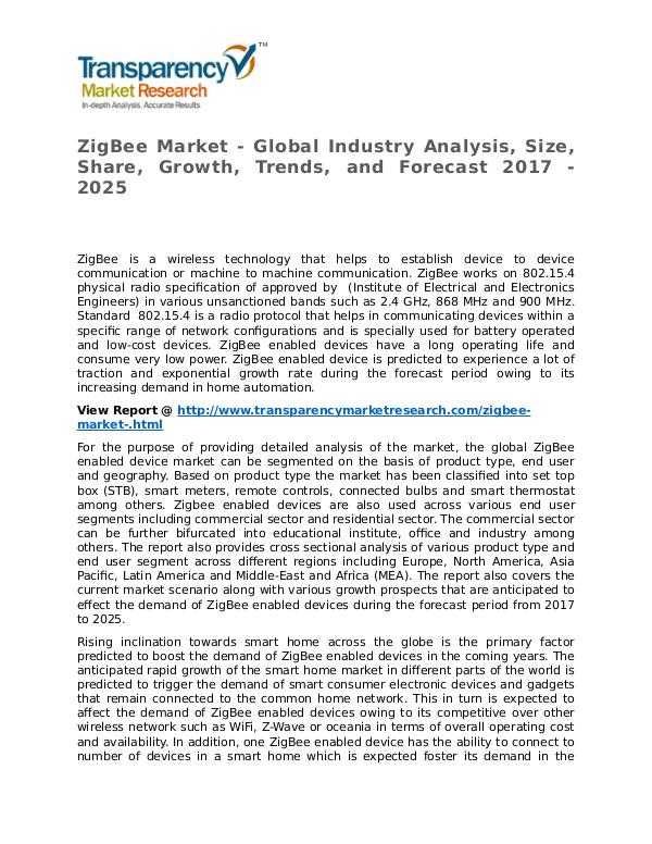 ZigBee Market 2017 Share, Trend, Segmentation and Forecast to 2025 ZigBee Market