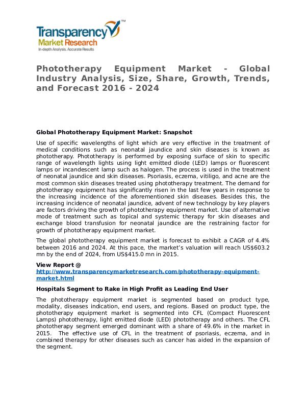 Phototherapy Equipment Market 2016 Share, Trend and Forecast Phototherapy Equipment Market - Global Industry An