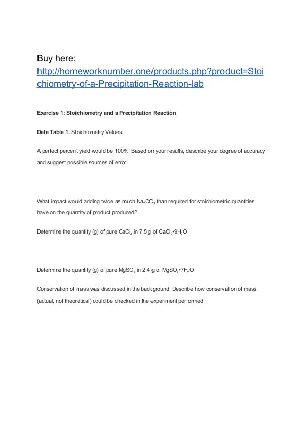 Stoichiometry of a Precipitation Reaction lab Homework Help