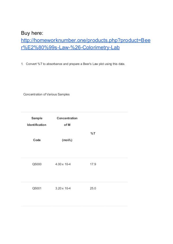 Beer’s Law & Colorimetry Lab Homework Help