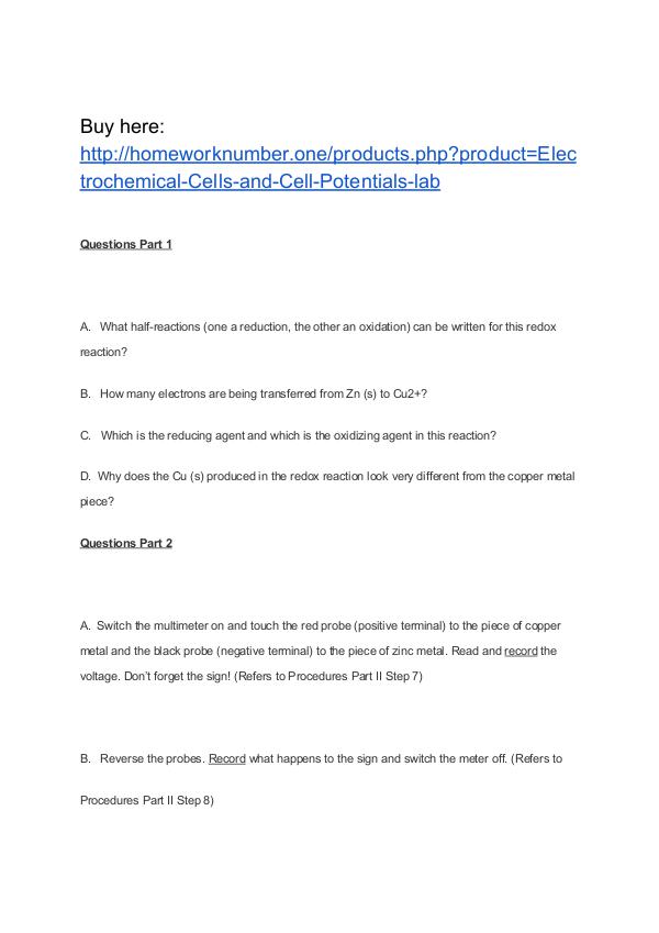 Electrochemical Cells and Cell Potentials lab Homework Help