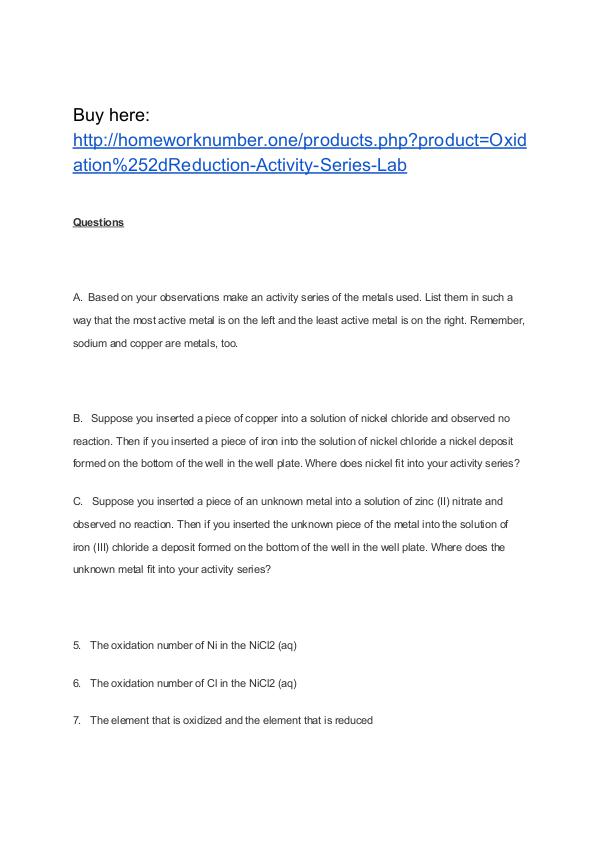 Oxidation-Reduction Activity Series Lab Homework Help