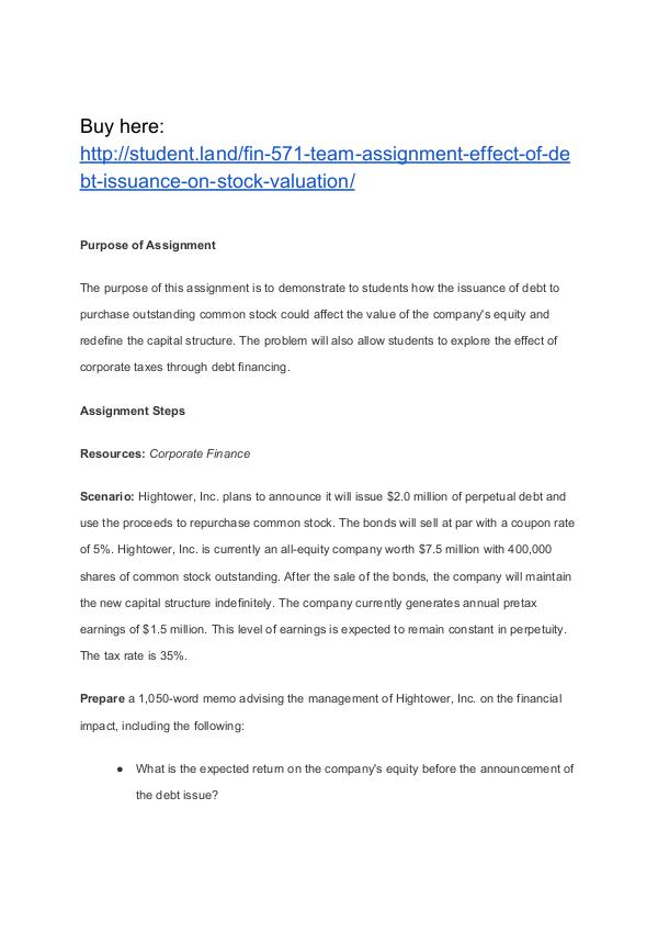 FIN 571 Team Assignment Effect of Debt Issuance on Stock Valuation Homework Help