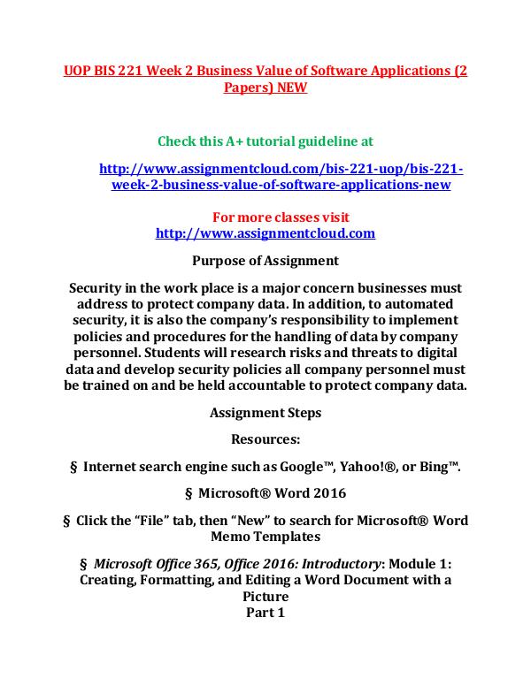 UOP BIS 221 Week 2 Business Value of Software Appl