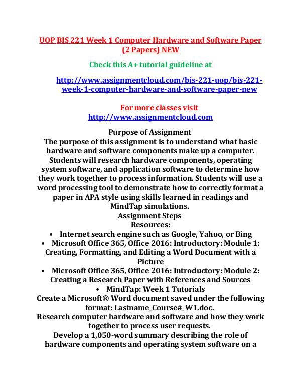 UOP BIS 221 Week 1 Computer Hardware and Software