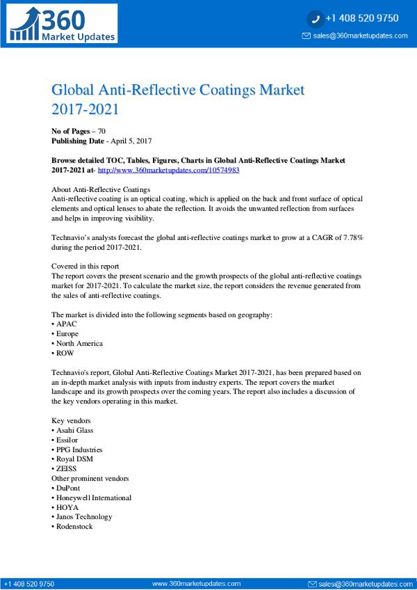 Report- Anti-Reflective Coatings Market 2017-2021