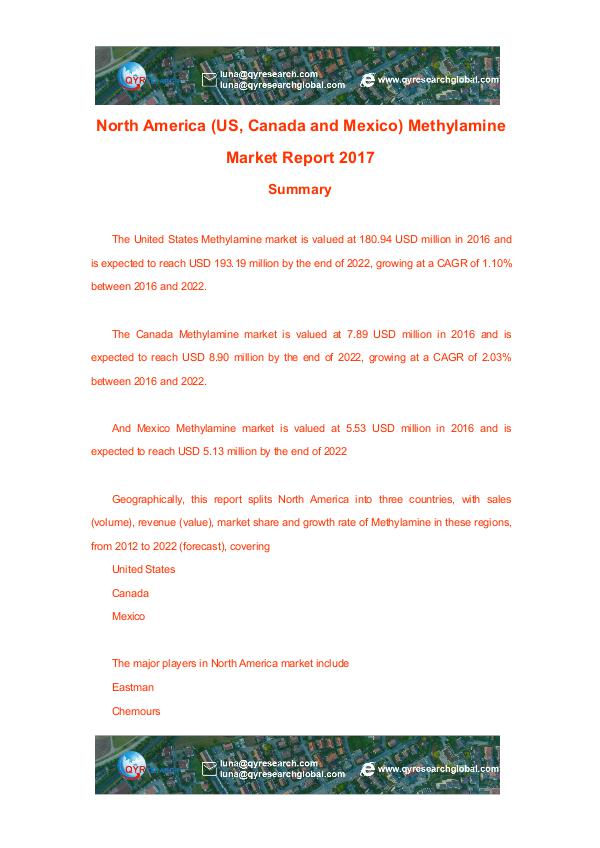 North America (US, Canada and Mexico) Methylamine