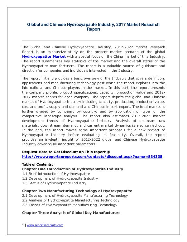 Hydroxyapatite Market Growth Analysis and Forecasts To 2022 Hydroxyapatite Market: 2017 Global Industry Trends