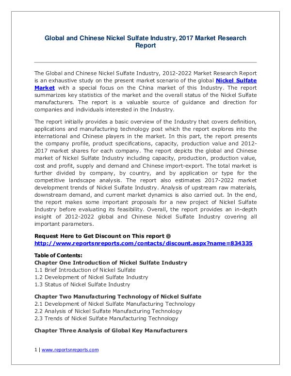 Nickel Sulfate Market Growth Analysis and Forecasts To 2022 2017 Nickel Sulfate Industry Global Market Trends