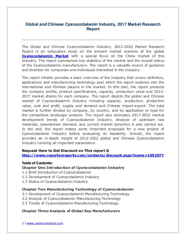 Cyanocobalamin Market Growth Analysis and Forecasts To 2022 Cyanocobalamin Industry 2017 Market Growth