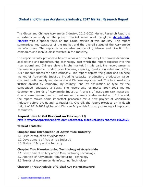 Acrylamide Market Growth Analysis and Forecasts To 2022 Acrylamide Industry 2017 Market Size, Share Trend