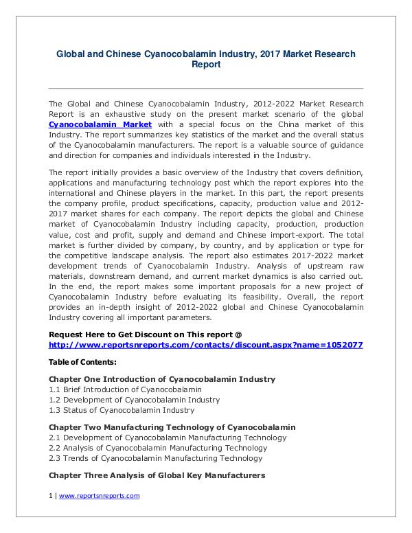 Cyanocobalamin Market Growth Analysis and Forecasts To 2022 Cyanocobalamin Market: 2017 Global Industry Trend