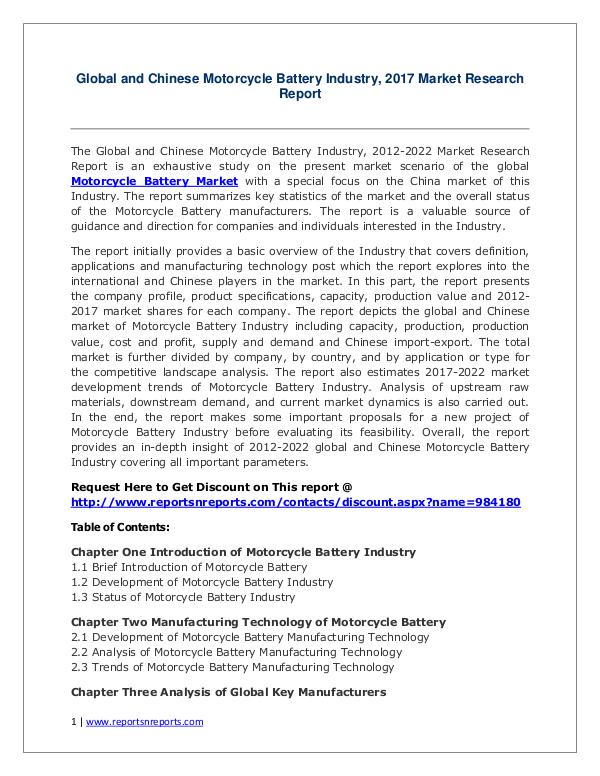 Motorcycle Battery Market Growth Analysis and Forecasts To 2022 Motorcycle Battery Industry 2017 Market Trends