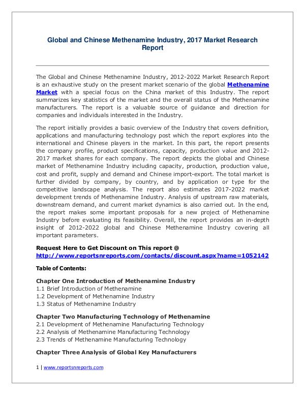 Methenamine Market Growth Analysis and Forecasts To 2022 Methenamine Market: 2017 Global Industry Trends