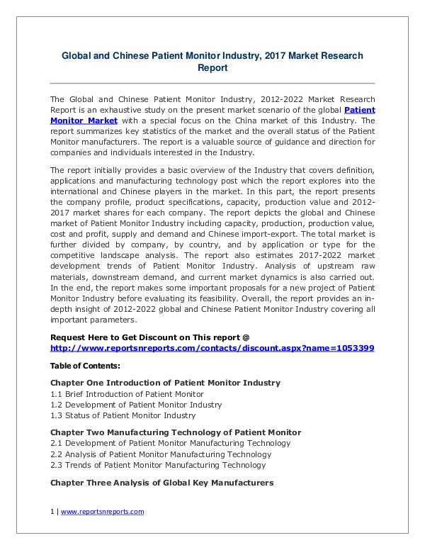 Patient Monitor Market Growth Analysis and Forecasts To 2022 Patient Monitor Market: 2017 Global Industry Trend