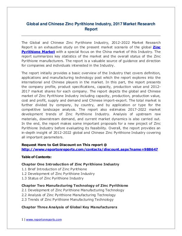 Zinc Pyrithione Market Growth Analysis and Forecasts To 2022 Zinc Pyrithione Market: 2017 Global Industry Trend