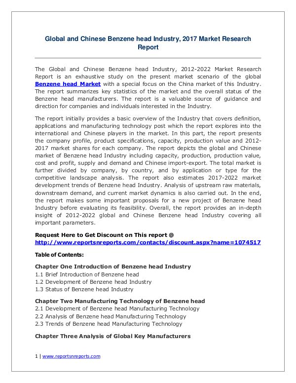 Benzene head Market Growth Analysis and Forecasts To 2022 Benzene head Market: 2017 Global Industry Trend