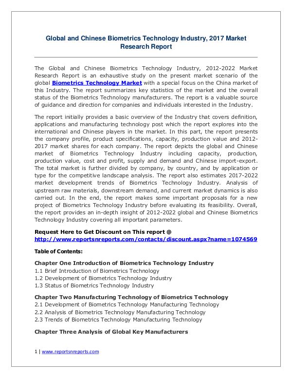 Biometrics Technology Market Growth Analysis and Forecasts To 2022 Biometrics Technology Market: 2017 Global Industry