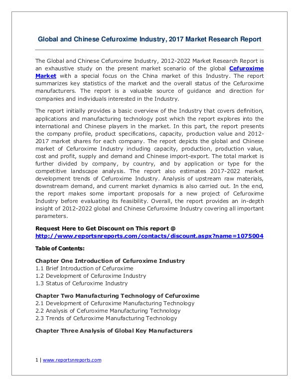 Cefuroxime Market Growth Analysis and Forecasts To 2022 Cefuroxime Market: 2017 Global Industry Trend