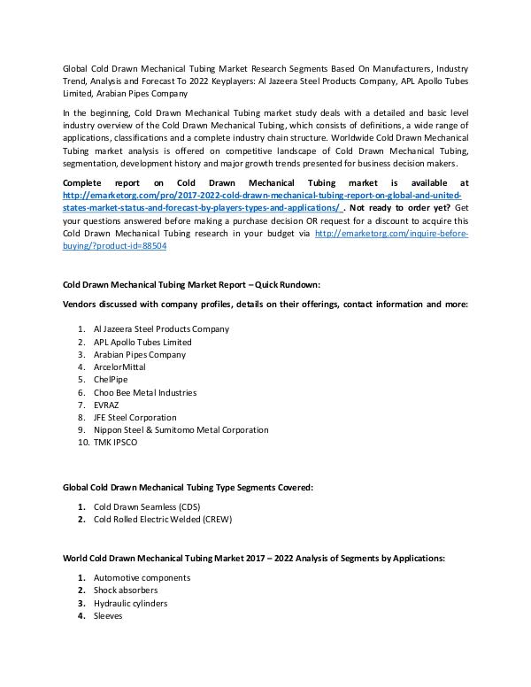 Cold Drawn Mechanical Tubing Market Research Report 2017 News Bulletin on Cold Drawn Mechanical Tubing Mark