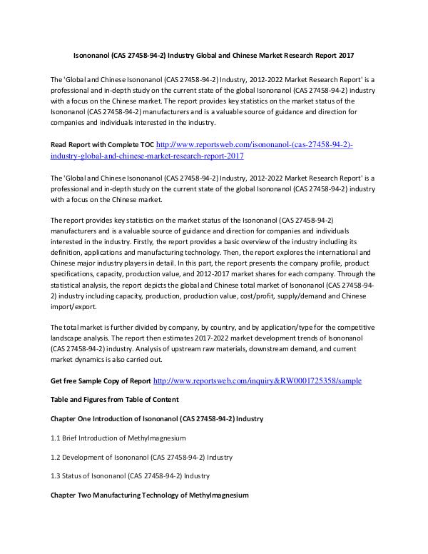 Market Research Study 2017 Isononanol Market International Report