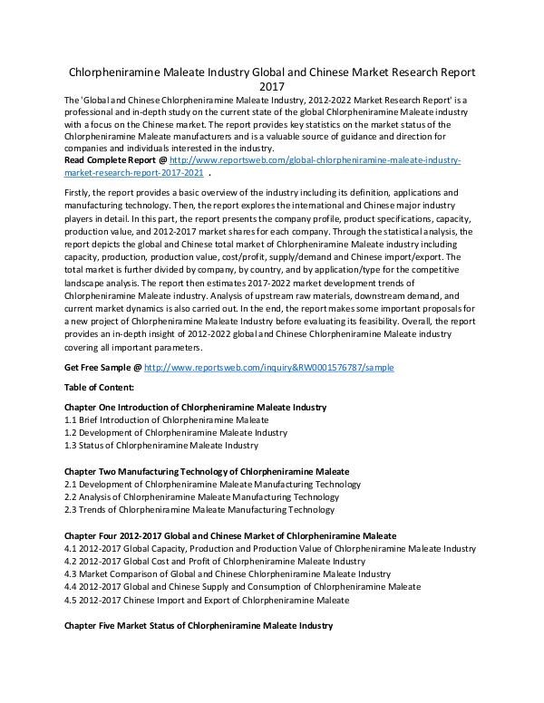 Chlorpheniramine Industry Growth, Development