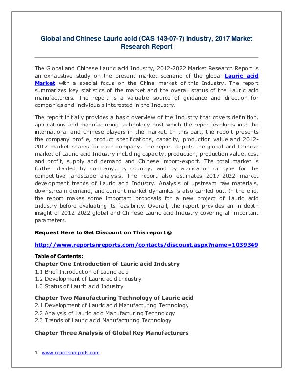 Lauric acid Industry 2017 Market Trends and Competitive Landscape Ana Lauric acid Market