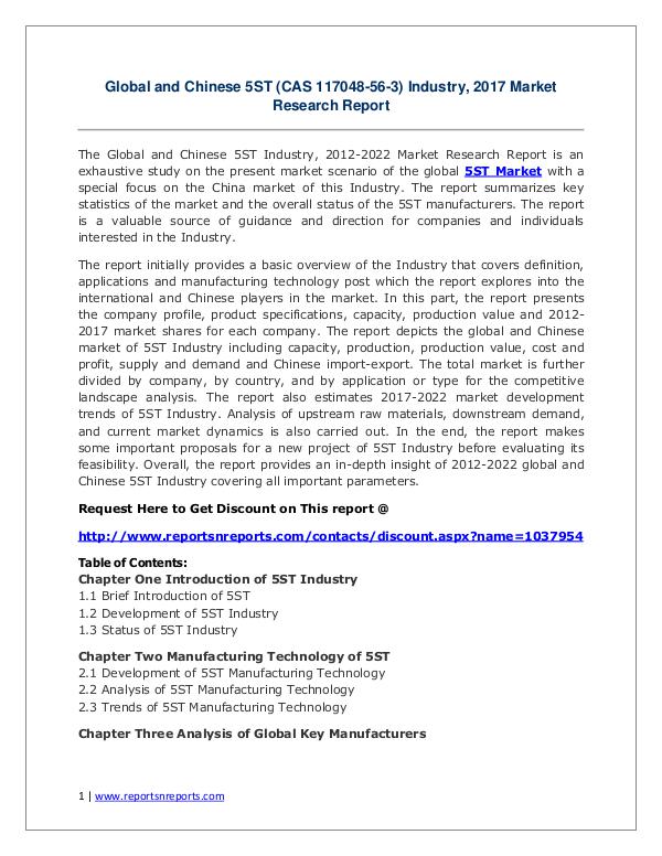 5ST Industry 2017 Market Size, Share and Growth Analysis Research Rep Global and Chinese 5ST (CAS 117048-56-3) Industry,