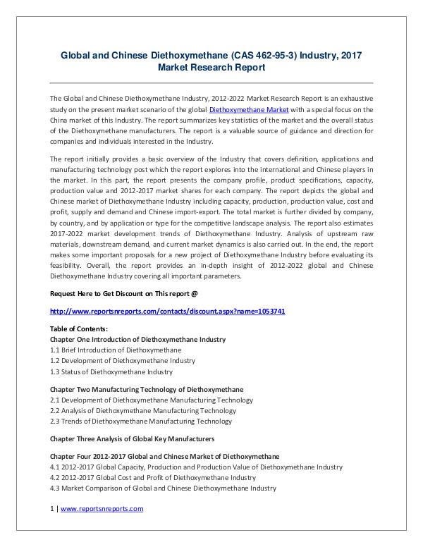 Global Diethoxymethane Industry 2017 Market Growth, Trends and Demand Global and Chinese Diethoxymethane (CAS 462-95-3)