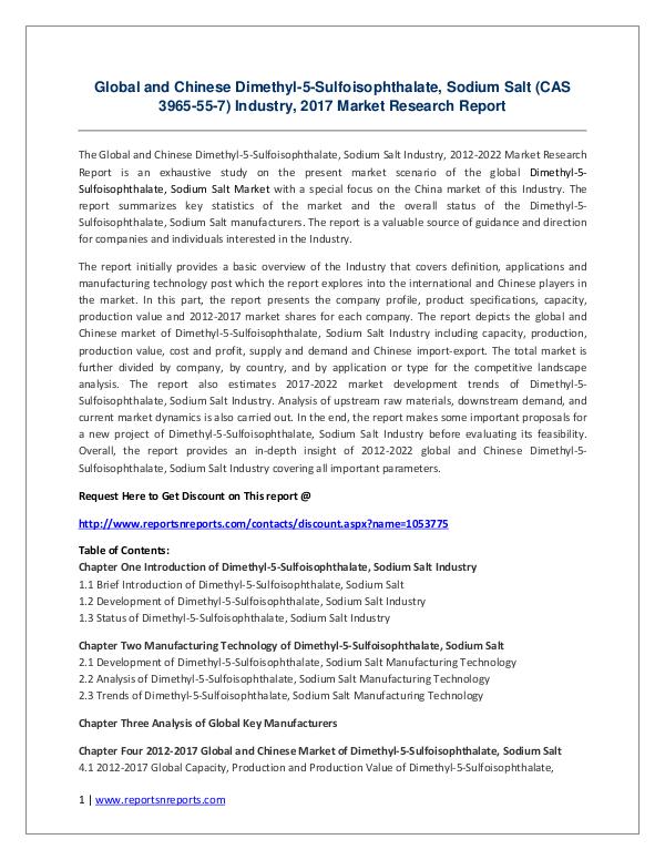 Dimethyl-5-Sulfoisophthalate, Sodium Salt Market Global Trend Global and Chinese Dimethyl-5-Sulfoisophthalate, S