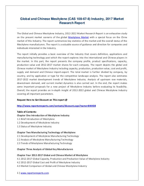 Global and Chinese Mesitylene (CAS 108-67-8) Industry, 2017 Market Global and Chinese Mesitylene (CAS 108-67-8) Indus