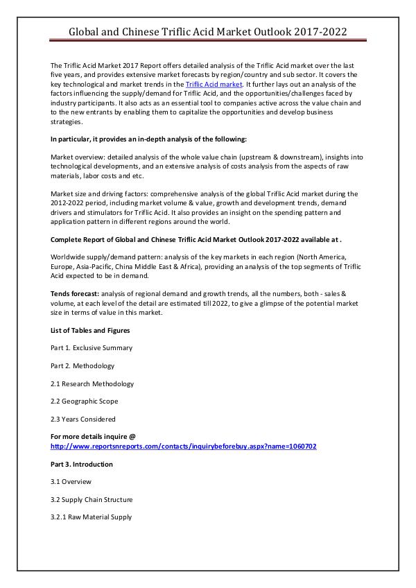 Global and Chinese Triflic Acid Market Outlook 2017-2022 Global and Chinese Triflic Acid Market Outlook 201