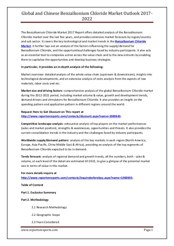 Benzalkonium Chloride Industry 2017 Market Size Global and Chinese Benzalkonium Chloride Market Ou