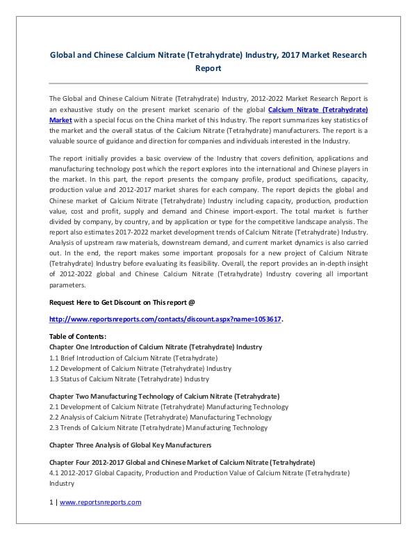 Calcium Nitrate (Tetrahydrate) Market 2021 Global and Chinese Calcium Nitrate (Tetrahydrate)