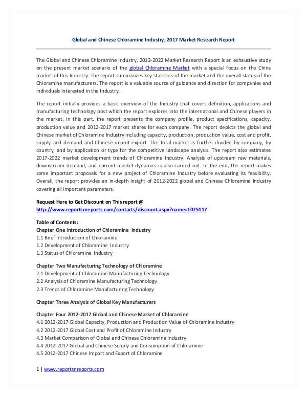 Global and Chinese Chloramine Industry, 2017 Market Research Report Global and Chinese Chloramine Industry, 2017 Marke