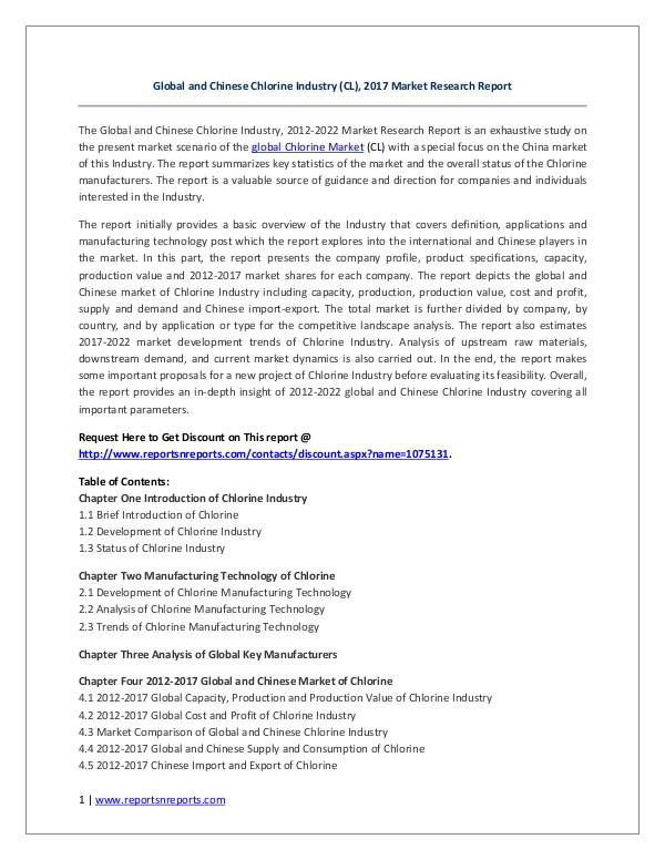 Global and Chinese Chlorine Industry (CL), 2017 Market Global and Chinese Chlorine (CL) Industry, 2017 Ma