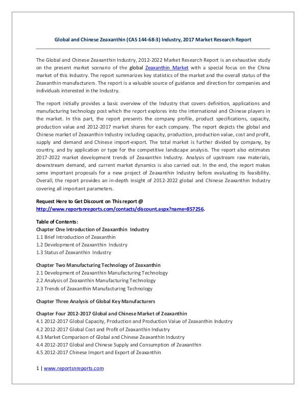 Global and Chinese Zeaxanthin (CAS 144-68-3) Industry, 2017 Market Global and Chinese Zeaxanthin (CAS 144-68-3) Indus