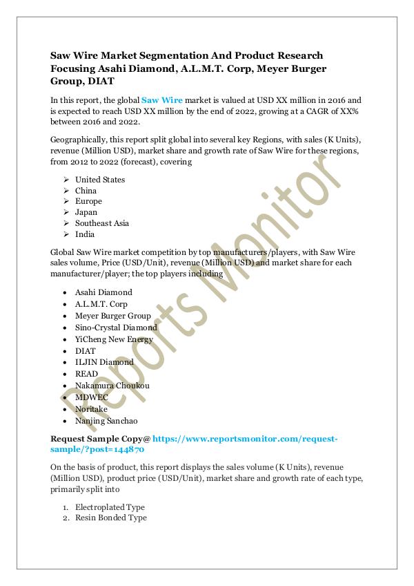 Machinery and Equipments Saw Wire Market Segmentation And Product Research