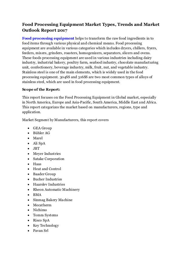 Machinery and Equipments Food Processing Equipment Market Report 2017