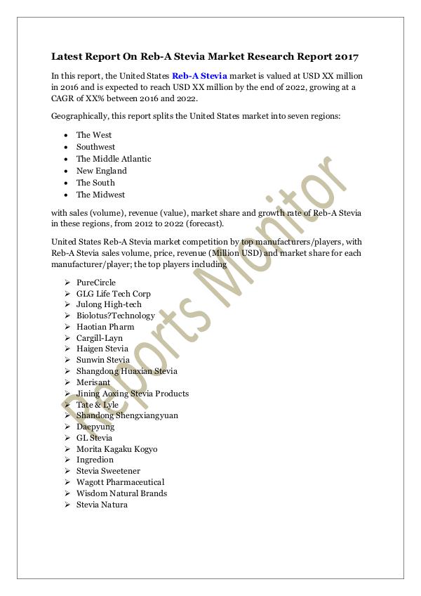 Machinery and Equipments Latest Report On Reb-A Stevia Market Research Repo